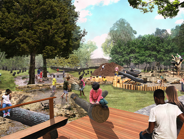 This rendering shows what you are likely to see from the center of the first play zone. Imagine you are on a bridge across a creek looking toward the Education Center.